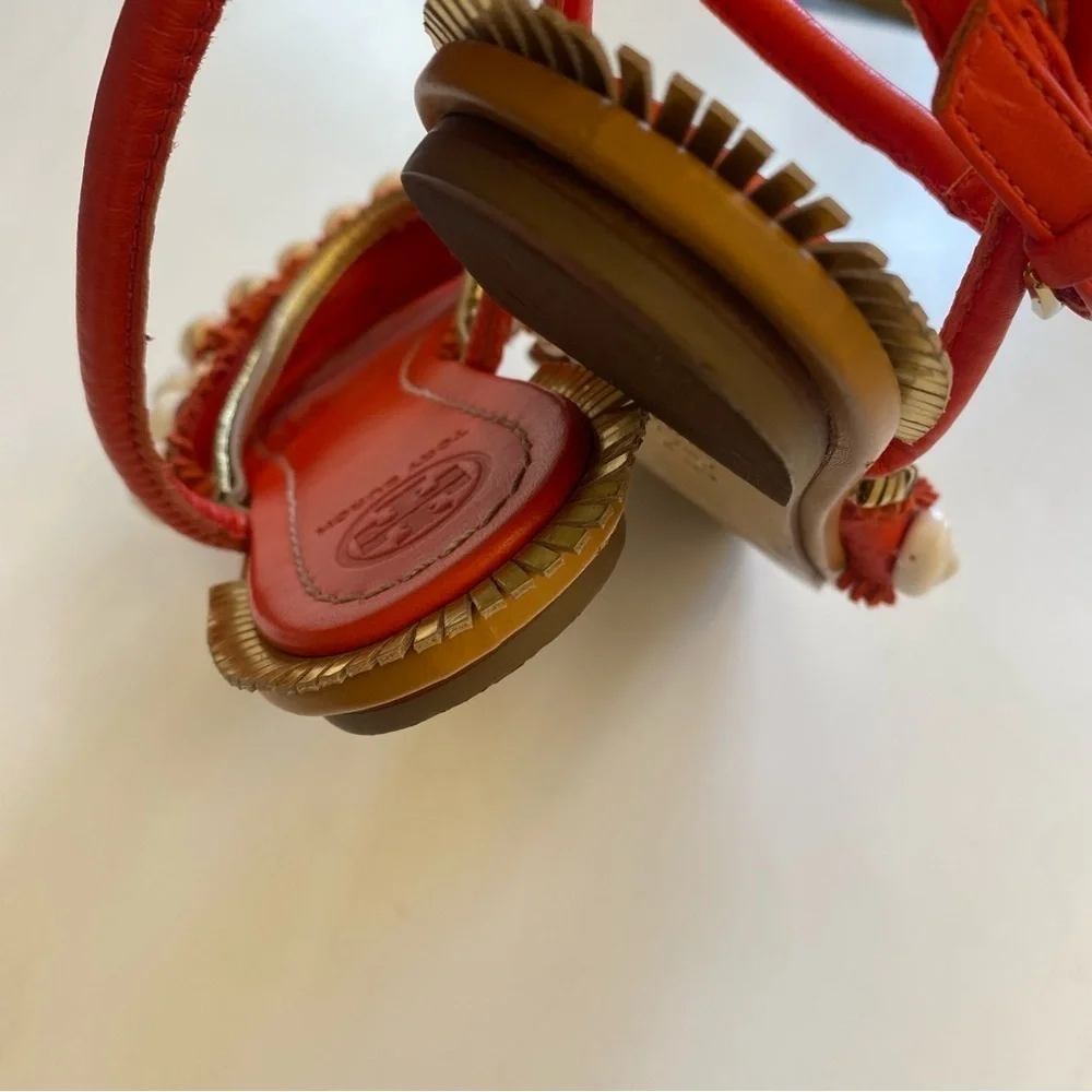 Tory Burch || Sinclair‎ Seashell Sandal Strappy Fringe Gold Orange Red 7.5